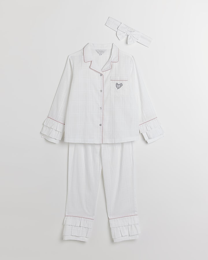 Girls white woven boutique pyjama 3 piece set