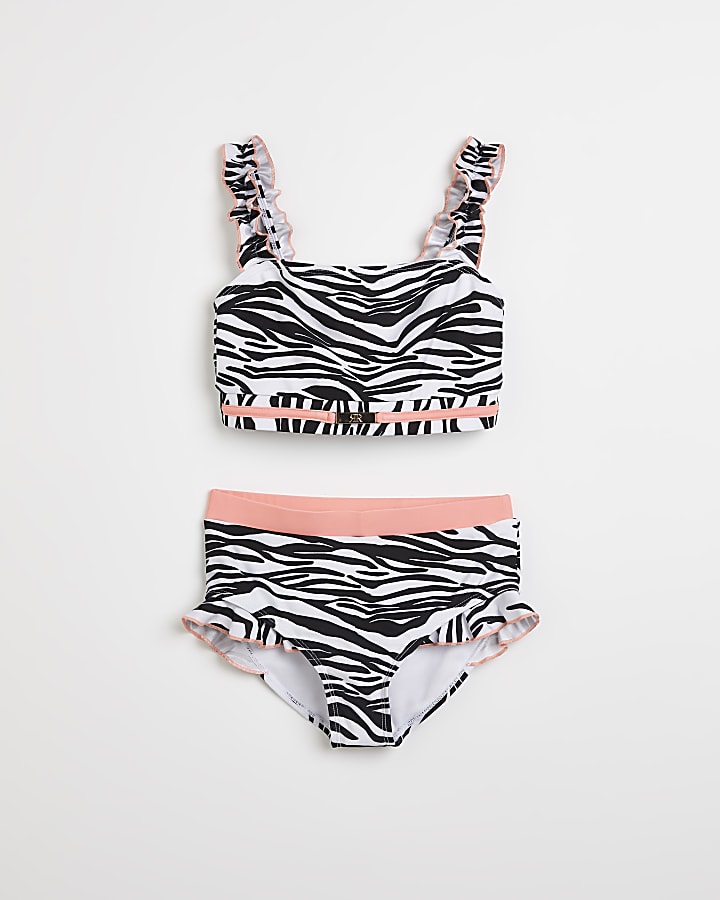 Girls white zebra print frill detail bikini