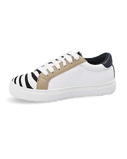360 degree animation of product Girls white zebra print lace-up trainers frame-2