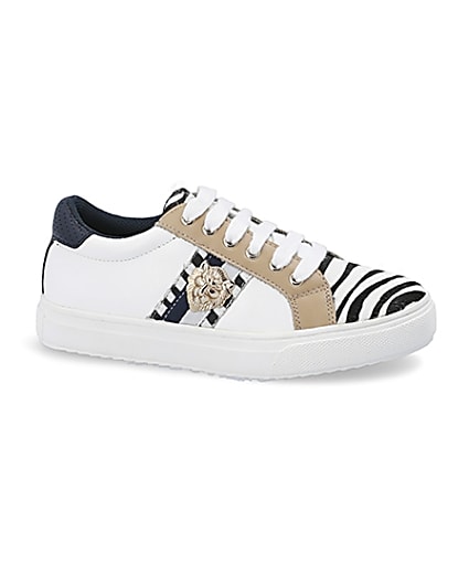 360 degree animation of product Girls white zebra print lace-up trainers frame-16