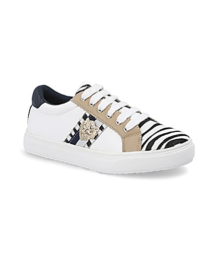 360 degree animation of product Girls white zebra print lace-up trainers frame-17