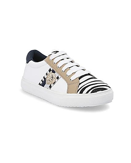360 degree animation of product Girls white zebra print lace-up trainers frame-18
