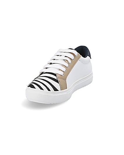 360 degree animation of product Girls white zebra print lace-up trainers frame-23