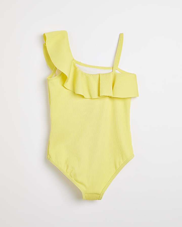 Girls yellow asymmetric frill swimsuit