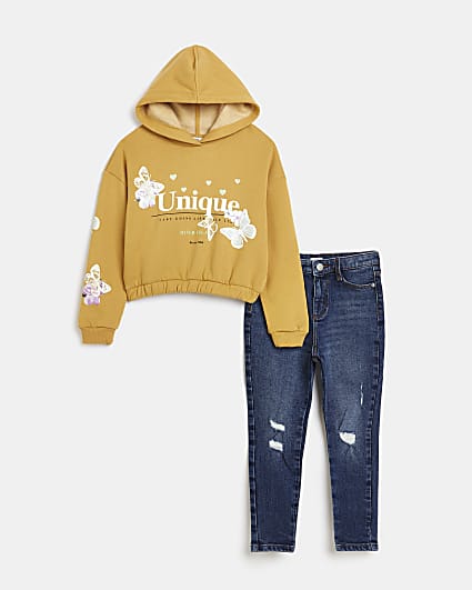 Girls yellow butterfly hoodie and jeans set
