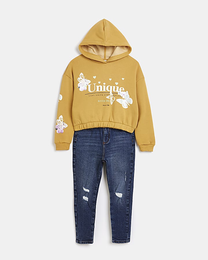 Girls yellow butterfly hoodie and jeans set
