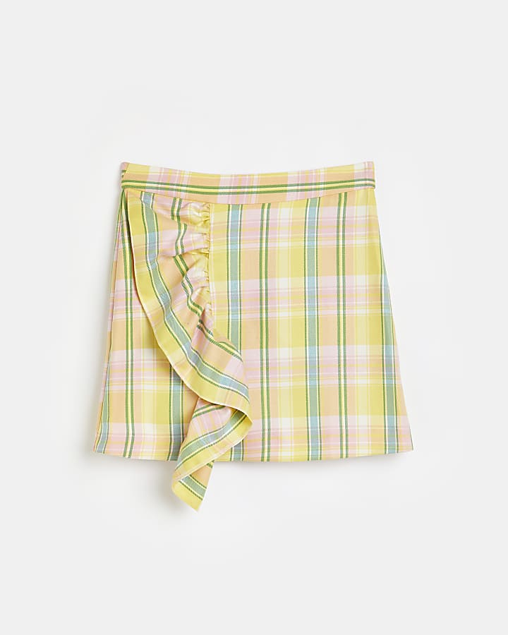 Girls yellow check print frill skirt