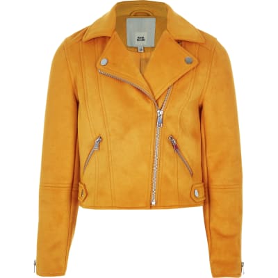 Girls yellow faux suede biker jacket