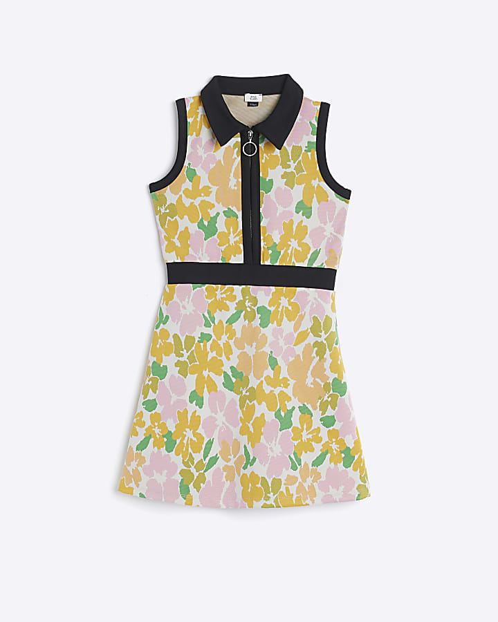 Girls Yellow Floral Collar Jacquard Dress | River Island