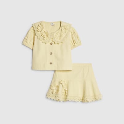 Girls Yellow Floral Pearl Shirt Set