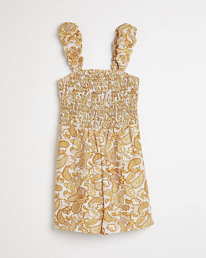 Girls yellow floral shirred playsuit