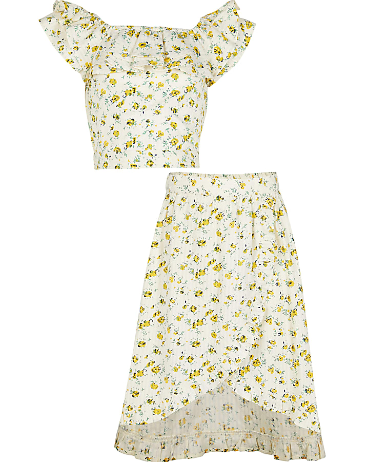 Girls yellow frill floral skirt outfit
