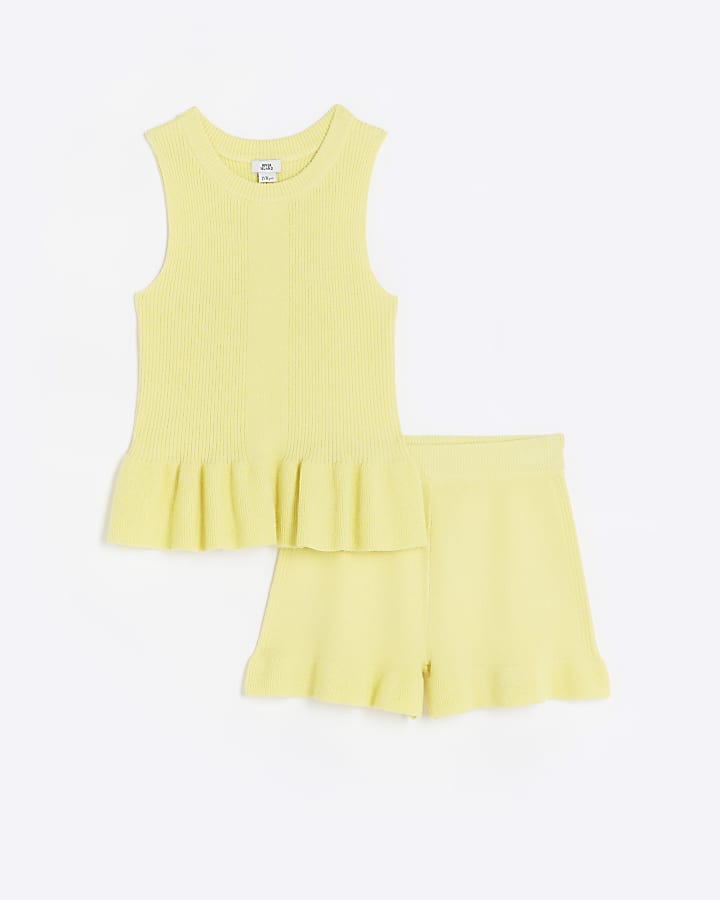 Girls yellow frill shimmer top and shorts set