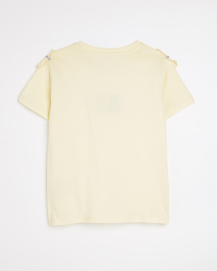 Girls yellow lace sleeve graphic t-shirt