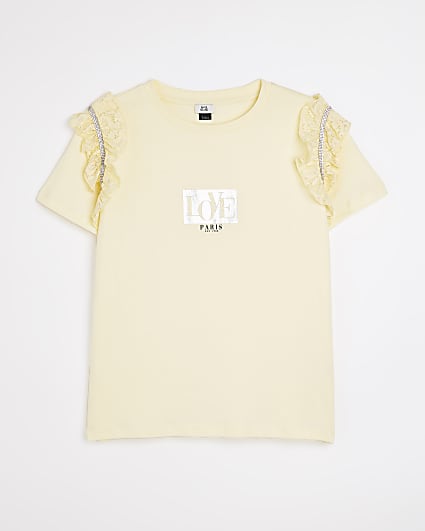 Girls yellow lace sleeve graphic t-shirt