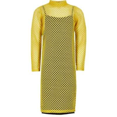 river island midi dress with belt detail in yellow