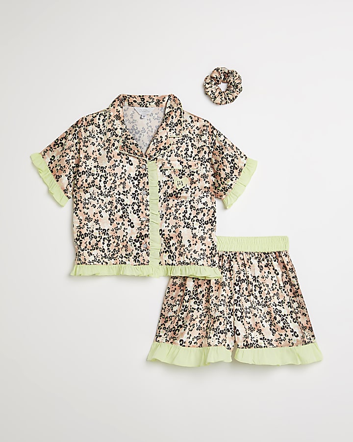 Girls yellow neon leopard satin pyjama set