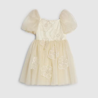 Girls Yellow Puff Sleeve Floral Tulle Dress