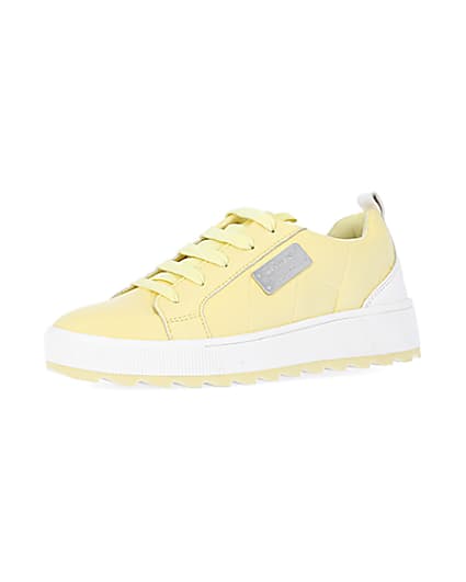 360 degree animation of product Girls Yellow Quilted lace up trainers frame-1