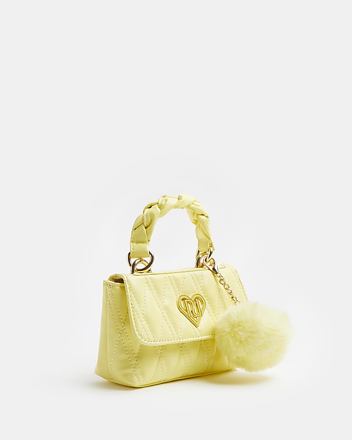Girls yellow RI quilted pom pom satchel bag