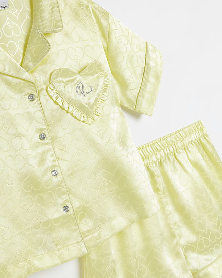 Girls Yellow Satin Monogram Pyjama Set