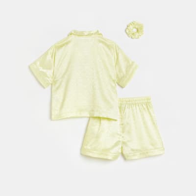 Girls Yellow Satin Monogram Pyjama Set | River Island