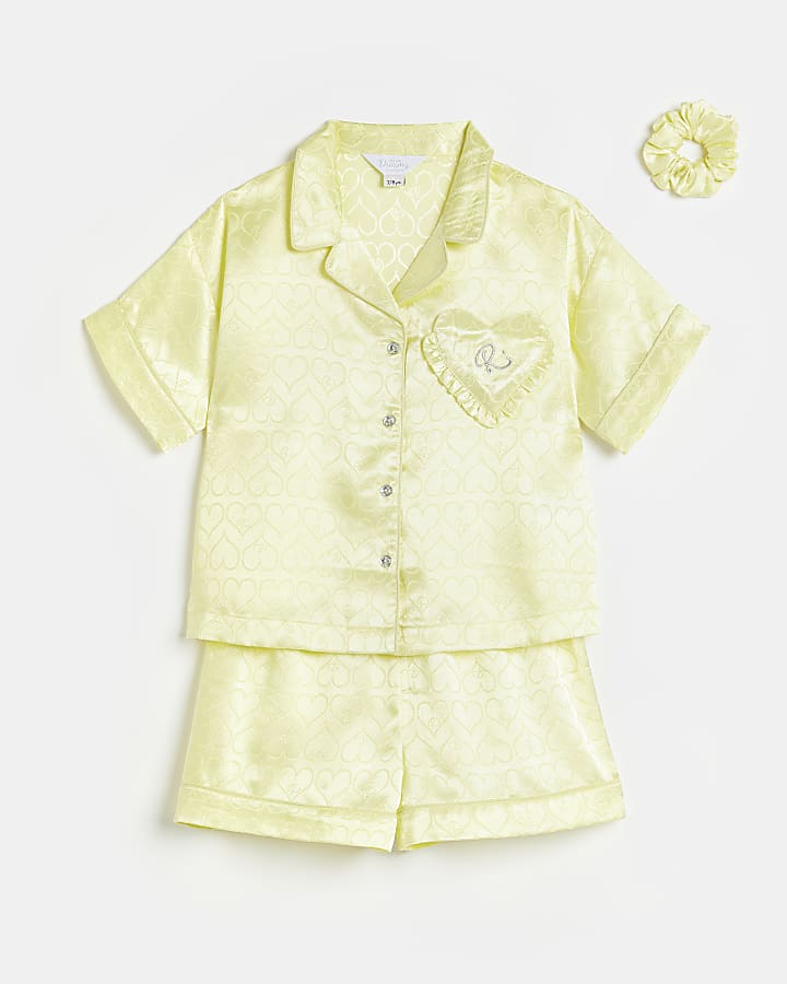 Girls Yellow Satin Monogram Pyjama Set