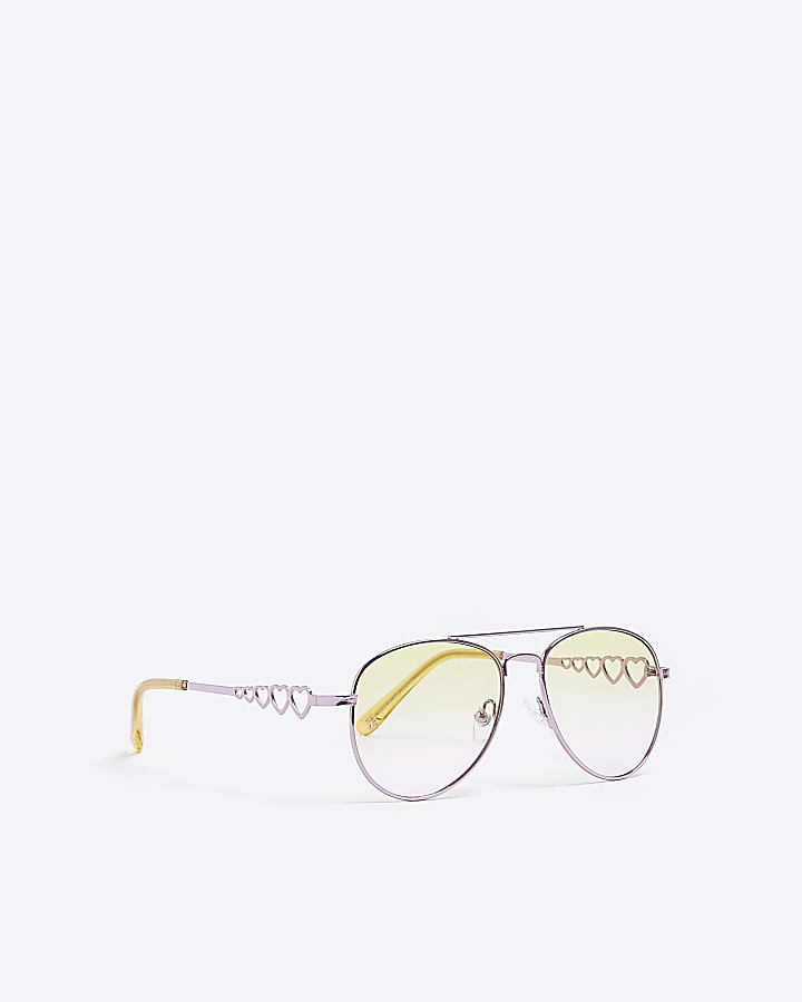 Girls Yellow Tinted Heart Aviator Sunglasses