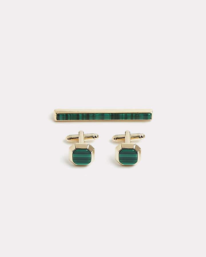 Gold & green cufflinks and tie pin set