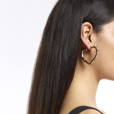 Gold bamboo heart hoop earrings
