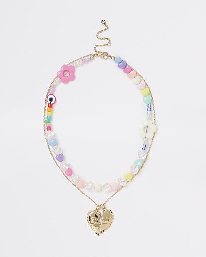 Gold beaded heart pendant multirow necklace