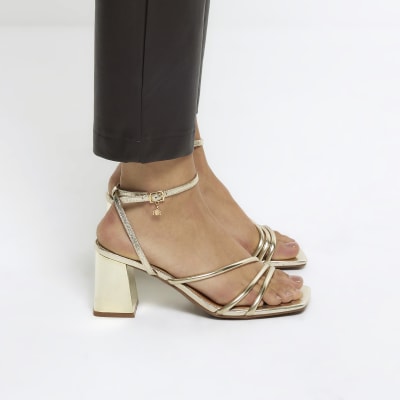 Gold block heeled sandals River Island