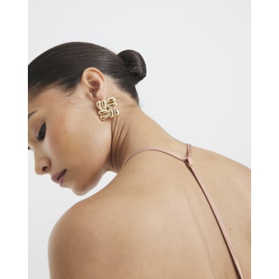 Gold Bubble Textured Square Stud Earrings