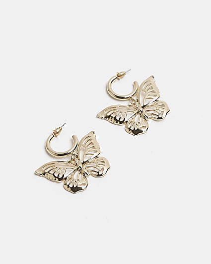 Gold butterfly drop hoop earrings