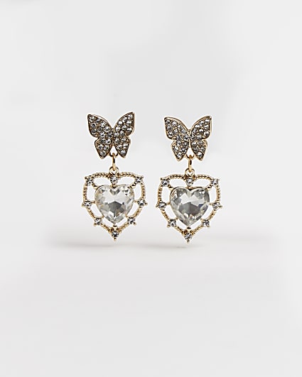 Gold butterfly heart drop earrings