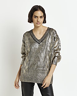 Gold cable knit metallic jumper