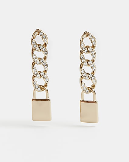 Gold chain link padlock drop earrings