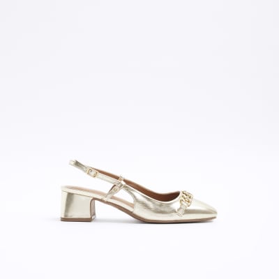 Gold chain sling back heeled court shoes | River Island