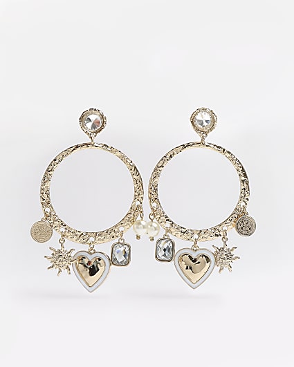 Gold charm pendant drop earrings