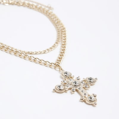 Gold Chunky Cross Necklace River Island