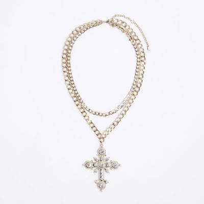 Gold Chunky Cross Necklace River Island