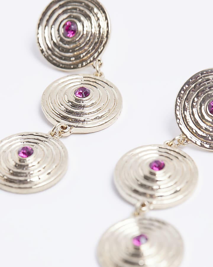 Gold circle engraved drop earrings