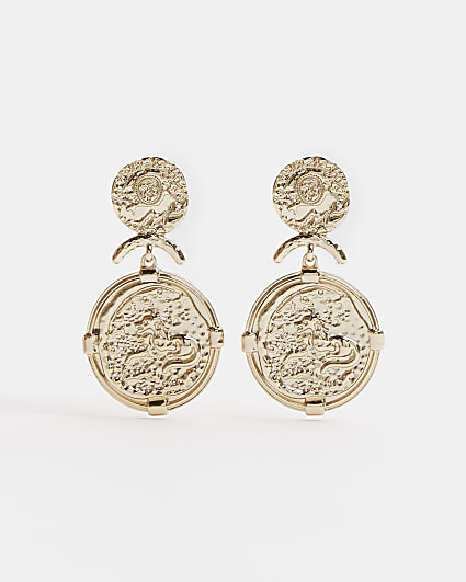 Gold coin pendent drop earrings