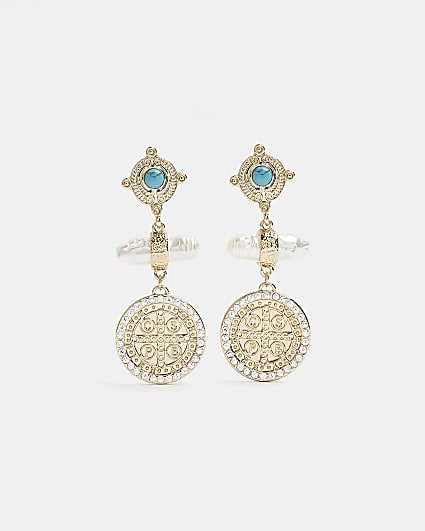 Gold coin turquoise drop earrings