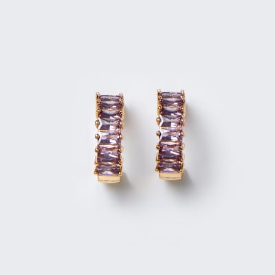 Gold colour baguette pink stone hoop earrings