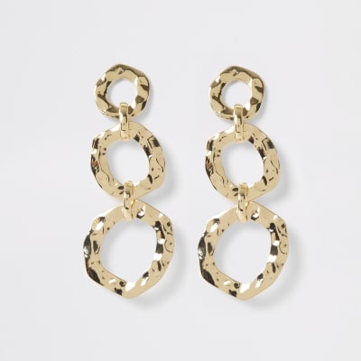 Gold colour battered triple drop earrings