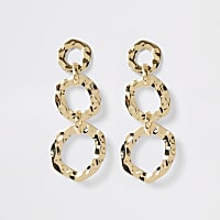 Gold colour battered triple drop earrings