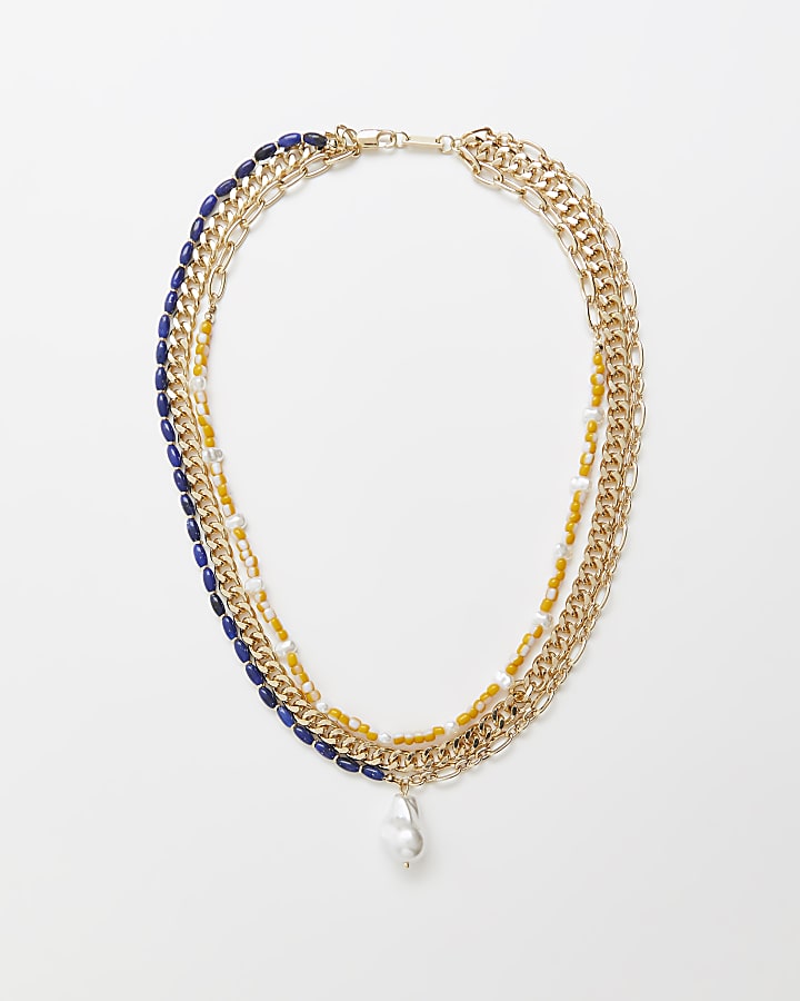 Gold colour beaded multirow chain necklace