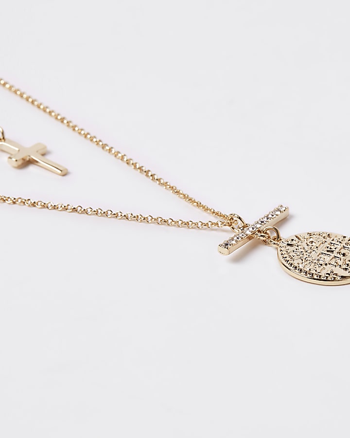 Gold colour cross and coin layered necklace