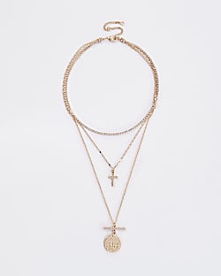 Gold colour cross and coin layered necklace